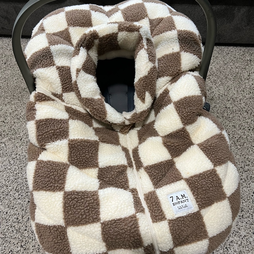 7 A.M. Enfant Checkered Baby Car Seat Cover - Brown and Cream